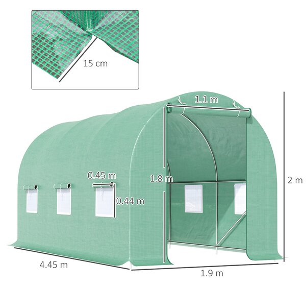 Outsunny Seră de Grădină, Tunel de Grădină cu Acoperiș Rotunjit, din PE și Metal, 4.45x1.9x2 m, Verde