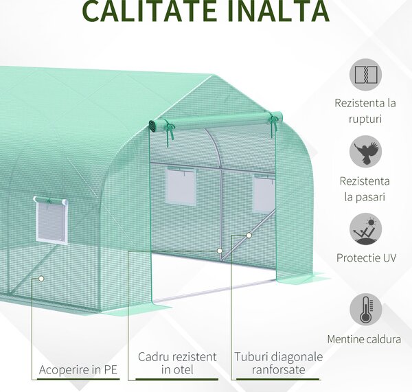 Outsunny Seră de Grădină Tunel cu Ușă Rulantă, 6 Ferestre și Acoperiș Învelit PE pentru Plante, 3,5x3x2 m, Verde | Aosom Romania