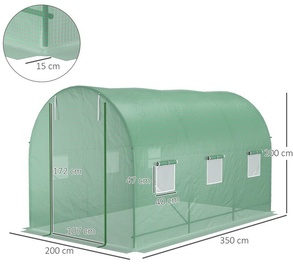 Outsunny Seră de Grădină cu Ferestre, Ușă și Acoperiș Rotunjit din PE și Fier, 3.5x2x2 m, Verde | Aosom Romania