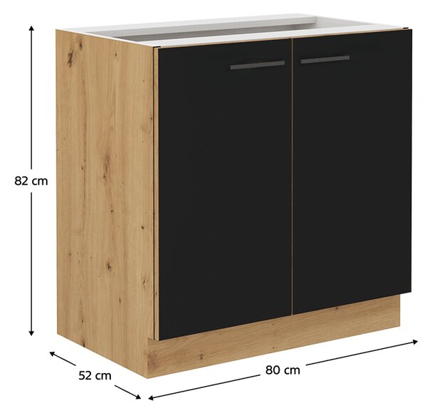 KONDELA Dulap de bucătărie inferior, negru mat / stejar artizan, MONRO 80 D 2F BB