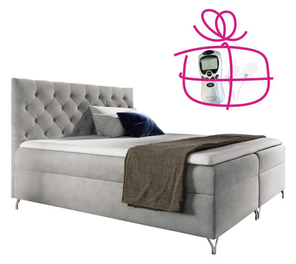 KONDELA Pat cu boxspring, 140x200, ţesătură gri deschis Velvet, GULIETTE + cadou