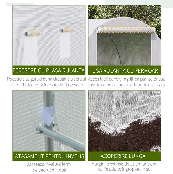 Outsunny sera gradine3,5 x 2 x 2 m, cadru mare din otel galvanizat, tunel din polietilene pentru gradina, alb | Aosom Romania
