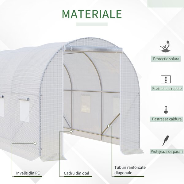 Outsunny sera gradine3,5 x 2 x 2 m, cadru mare din otel galvanizat, tunel din polietilene pentru gradina, alb | Aosom Romania
