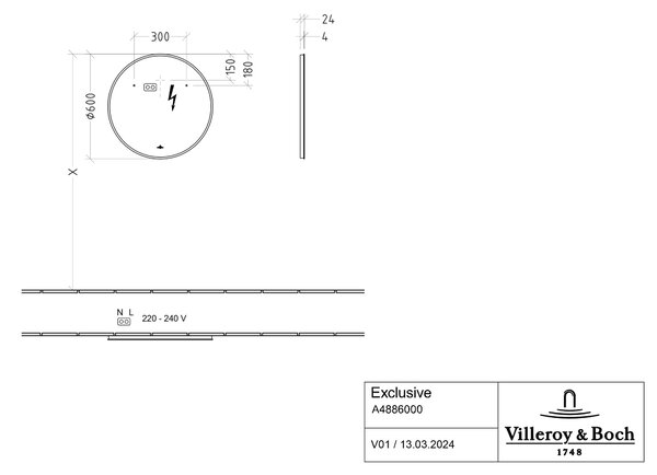 Villeroy & Boch oglindă 60x60 cm rotund cu iluminare negru A4886000