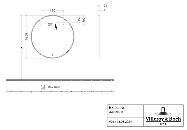Villeroy & Boch oglindă 90x90 cm rotund cu iluminare negru A4899000