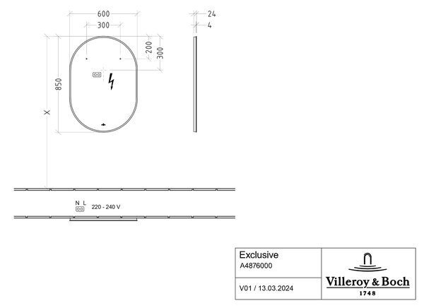 Villeroy & Boch oglindă 60x85 cm oval cu iluminare negru A4876000