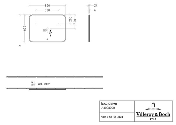 Villeroy & Boch oglindă 80x60 cm dreptunghiular cu iluminare negru A4908000