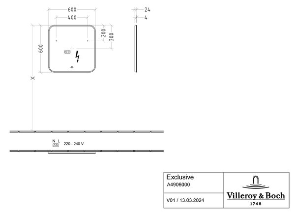 Villeroy & Boch oglindă 60x60 cm pătrat cu iluminare negru A4906000
