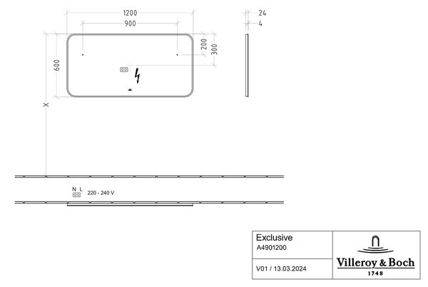 Villeroy & Boch oglindă 120x60 cm dreptunghiular cu iluminare negru A4901200