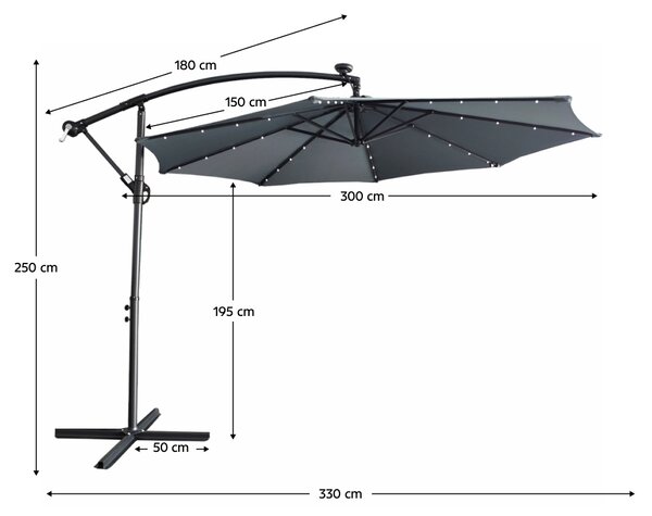 KONDELA Umbrelă de soare de grădină LED, gri, 3 m, LINDAN