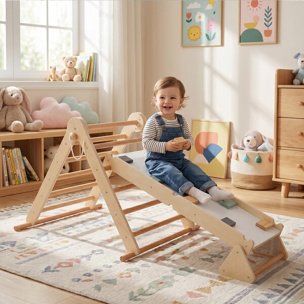 KONDELA Montessori Triunghiul Pikler 3în1, natural/mix de culori, OPRIN