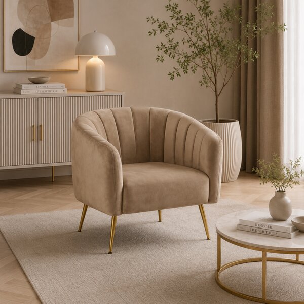 KONDELA Fotoliu de design, ţesătură Velvet maro/gold crom-auriu, BAGY
