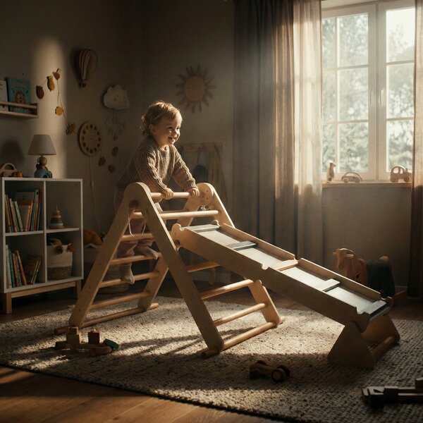 KONDELA Montessori Triunghiul Pikler 3în1, natural/mix de culori, OPRIN