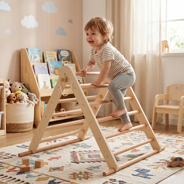 KONDELA Montessori Triunghiul Pikler 3în1, natural/mix de culori, OPRIN