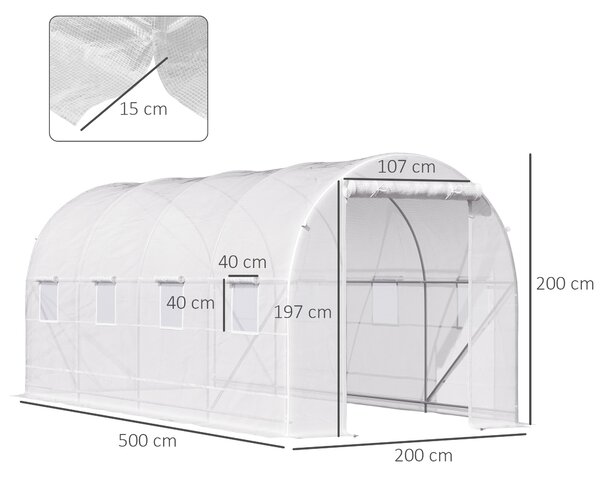Outsunny Sera tunel cu 8 ferestre si usa rulanta, sera de gradina tunel pentru plante, 5x2x2m, alb | Aosom Romania
