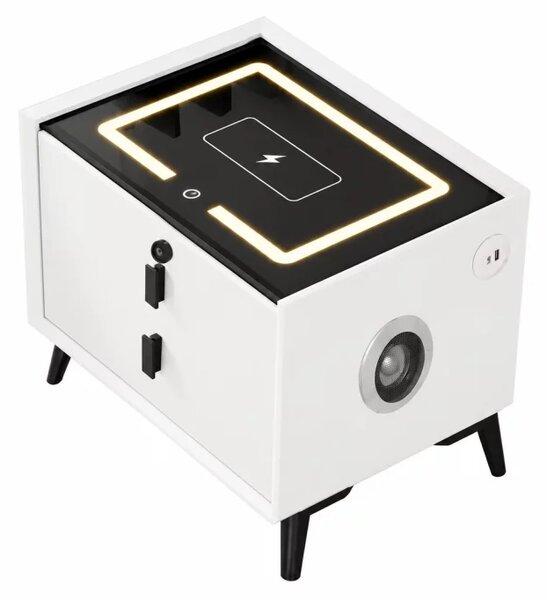 Noptiera inteligenta cu incarcare wireless, iluminare LED, difuzor Bluetooth, port USB si Type-C – culoare alb, 2 sertare, design modern din sticla si lemn