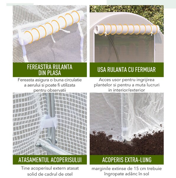 Outsunny Sera tunel, sera cu cadru din Otel Galvanizat, sera pentru plante, legume, fructe, Alb | Aosom Romania