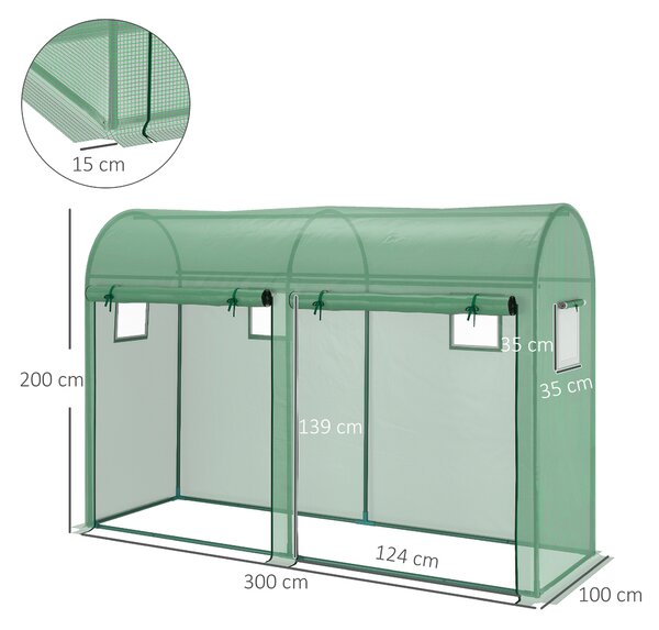 Outsunny Sera Tunel cu 2 Usi si 4 Ferestre Cadru in otel Acoperire in PE, Verde 300x100x200cm | Aosom Romania