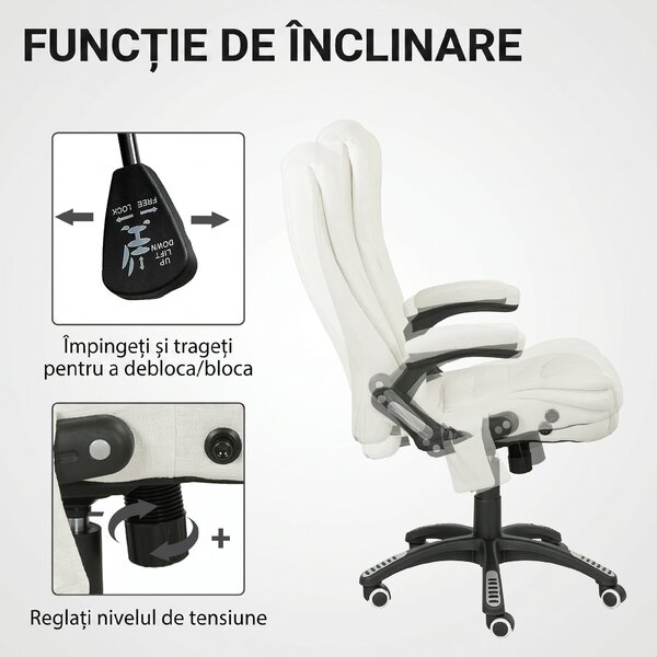 Vinsetto Scaun de Birou Reclinabil cu Masaj, Înălțime Reglabilă, Telecomandă, Textil cu Aspect de In, Crem | Aosom Romania