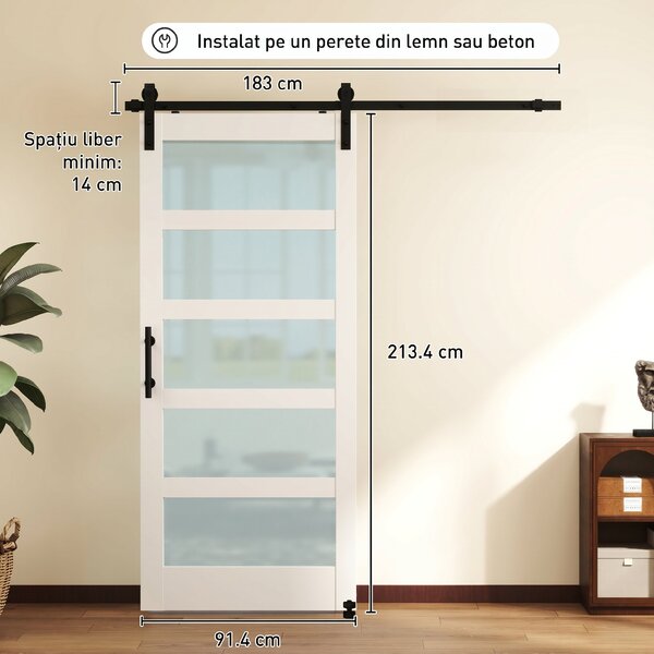 HOMCOM Ușă Glisantă 91.4x213.4cm cu Kit, Panouri din Sticlă, Aspect Lemn Alb | Aosom Romania
