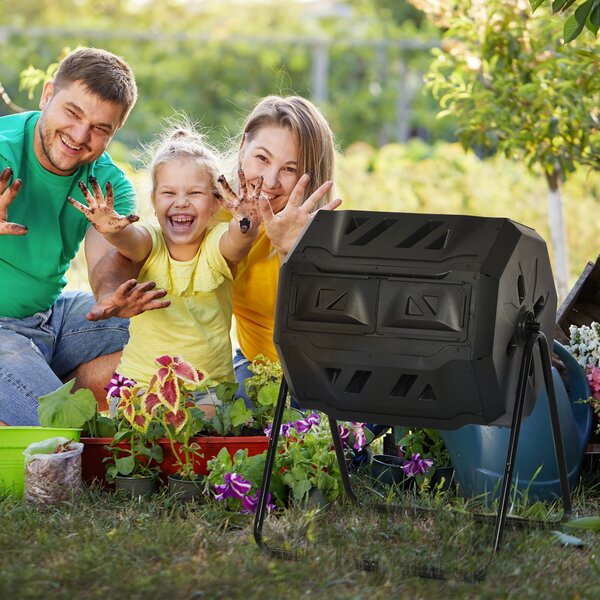Outsunny Compostor Domestic de Grădină și Balcon din Plastic, Recipient Rotativ pentru Compost, 71x64x96 cm, Negru | Aosom Romania
