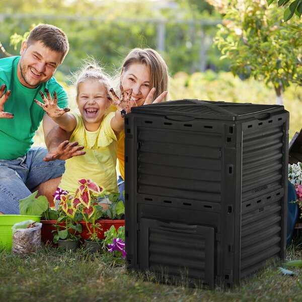 Outsunny Compostor de Grădină 300L din Plastic, cu Capac, Ușor de Asamblat, Negru | Aosom Romania