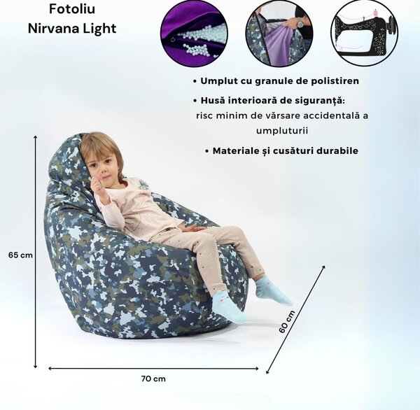 Fotoliu puf copii, Nirvana Light, Material Textil - Lively Blossom