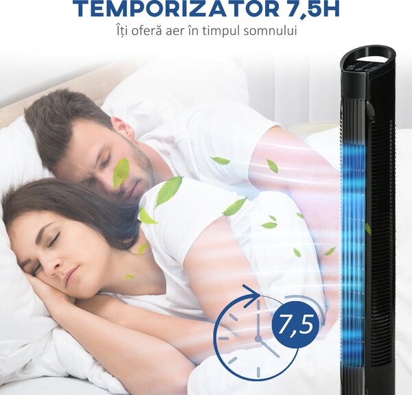 HOMCOM, Ventilator de Turn, 3 Funcții și 3 Viteze, Plastic PP, 20 x 20 x 78,5 cmm, Negru | Aosom Romania