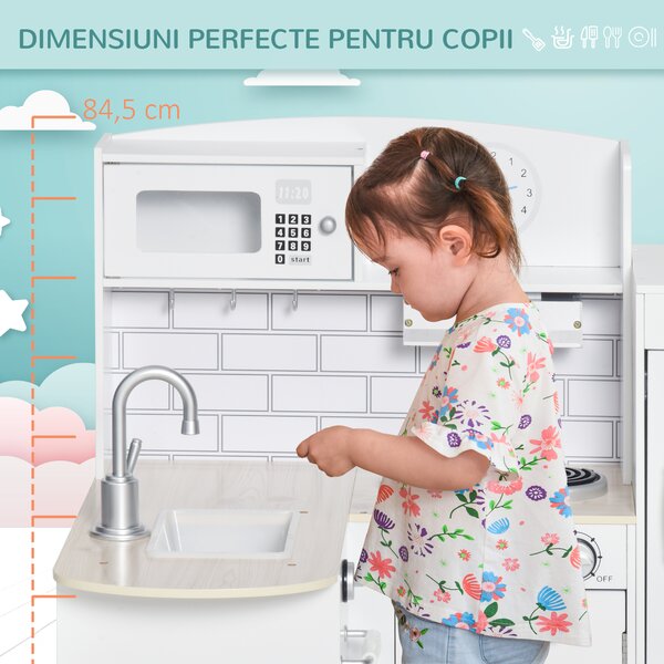 Bucatarie Jucarie HOMCOM din lemn cu 14 Accesorii, Varsta 3+ Ani, 86x64x84.5cm, Alb si Argintiu | Aosom Romania