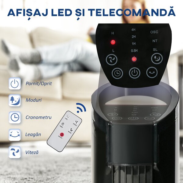 HOMCOM, Ventilator de Turn, 3 Funcții și 3 Viteze, Plastic PP, 20 x 20 x 78,5 cmm, Negru | Aosom Romania