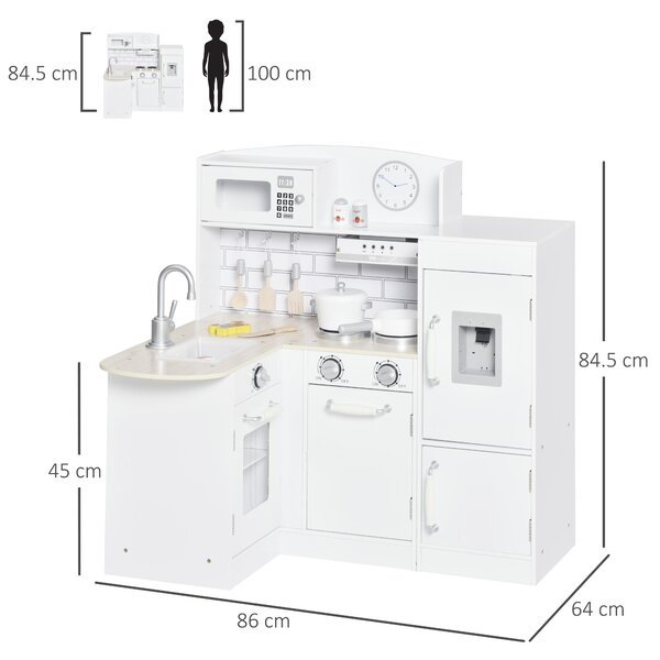 Bucatarie Jucarie HOMCOM din lemn cu 14 Accesorii, Varsta 3+ Ani, 86x64x84.5cm, Alb si Argintiu | Aosom Romania