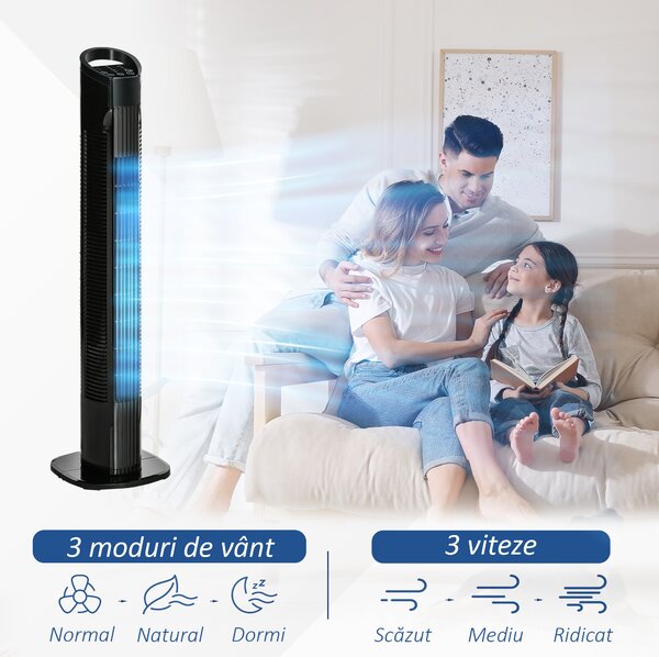 HOMCOM, Ventilator de Turn, 3 Funcții și 3 Viteze, Plastic PP, 20 x 20 x 78,5 cmm, Negru | Aosom Romania