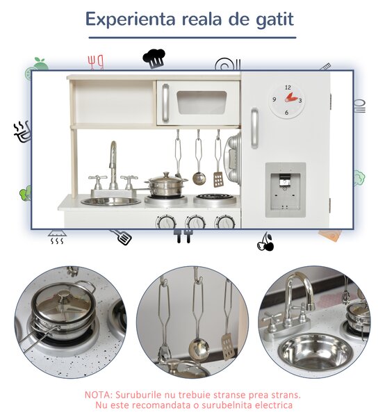 HOMCOM Bucătărie de Jucărie din Lemn pentru Copiii de Peste 3 Ani, 74x30x81 cm, Alb | Aosom Romania
