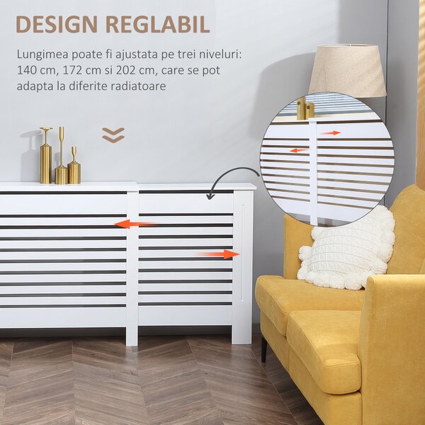 HOMCOM Masca Calorifer Reglabila din MDF si Lemn Alb 140-202x19x82.5 cm Design Modern pentru Acoperire Radiator | Aosom Romania