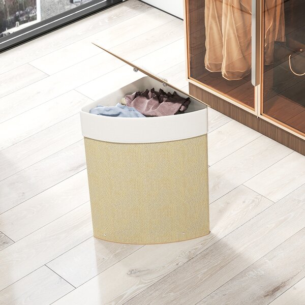 HOMCOM Coș de rufe din bambus 55L, coș triunghiular cu sac detașabil și lavabil, capac, mâner, 35x35x60cm, natural | Aosom Romania
