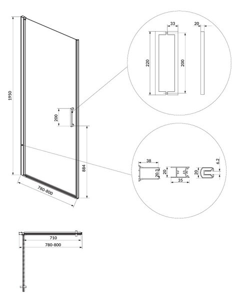 Cersanit Moduo, usa 1 canat pentru deschidere 80x195 cm, sticla transparenta 6mm, profil cromat, S162-020