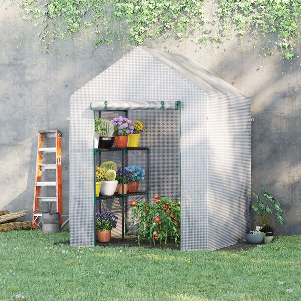 Outsunny Mini sera gradina pentru plante, legume, fructe, protectie de frig cu usa tip rulou, 143x143x195cm, alb | Aosom Romania