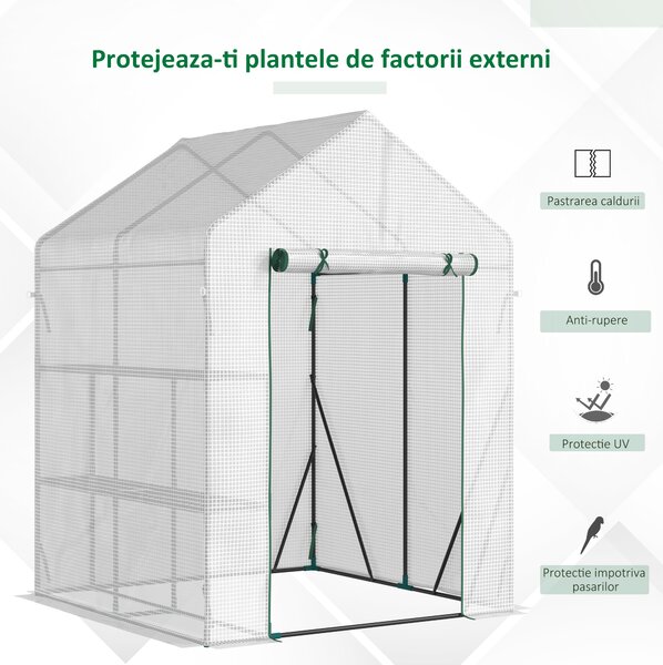 Outsunny Mini sera gradina pentru plante, legume, fructe, protectie de frig cu usa tip rulou, 143x143x195cm, alb | Aosom Romania
