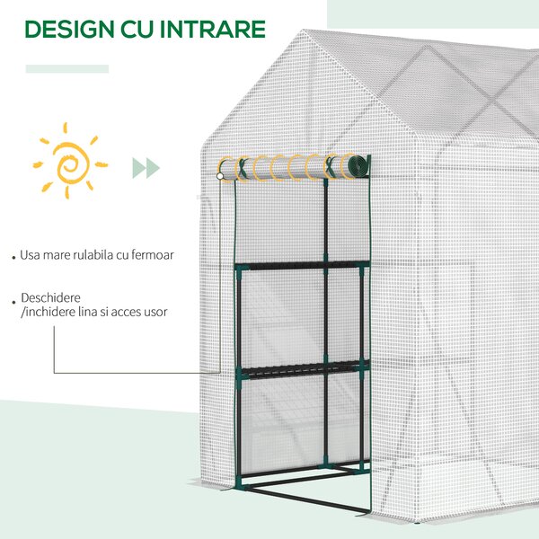 Outsunny Mini sera gradina pentru plante, legume, fructe, protectie de frig cu usa tip rulou, 143x143x195cm, alb | Aosom Romania