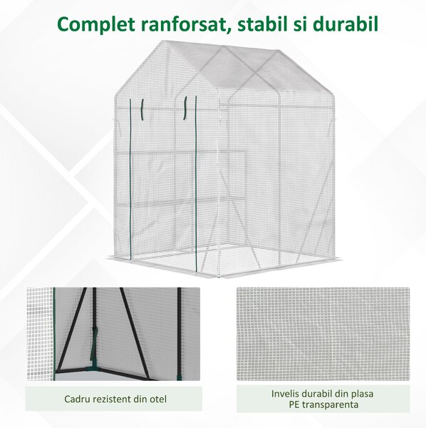 Outsunny Mini sera gradina pentru plante, legume, fructe, protectie de frig cu usa tip rulou, 143x143x195cm, alb | Aosom Romania