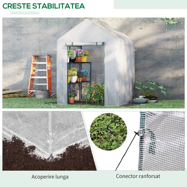 Outsunny Mini sera gradina pentru plante, legume, fructe, protectie de frig cu usa tip rulou, 143x143x195cm, alb | Aosom Romania