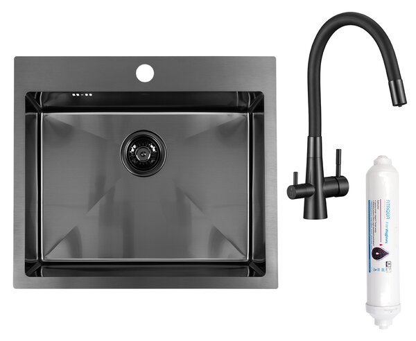 Laveo Malawi, chiuvetă din oțel inoxidabil cu 1 compartiment 580x500x200 mm cu baterie de bucătărie și racord pentru filtru de apă, grafit, LAV-SLMA510F