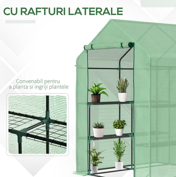 Outsunny Seră de Grădină cu Rafturi, Protecție din PE și Ușă Rulantă, 143x138x190 cm, Verde | Aosom Romania