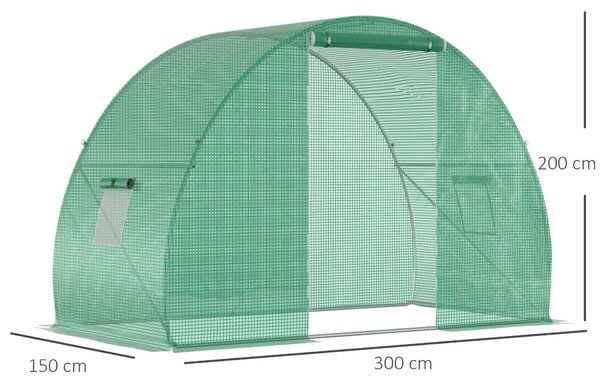 Outsunny Seră Tunel pentru Cultivarea Legumelor și Fructelor, cu Ușă și Ferestre, Copertină PE, Structură Oțel, 150x300x200 cm, Verde | Aosom Romania