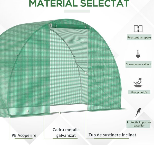 Outsunny Seră Tunel pentru Cultivarea Legumelor și Fructelor, cu Ușă și Ferestre, Copertină PE, Structură Oțel, 150x300x200 cm, Verde | Aosom Romania