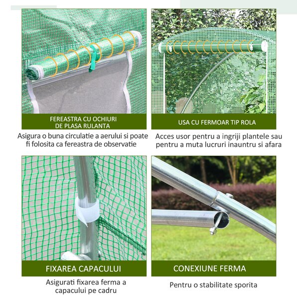 Outsunny Seră Tunel pentru Cultivarea Legumelor și Fructelor, cu Ușă și Ferestre, Copertină PE, Structură Oțel, 150x300x200 cm, Verde | Aosom Romania