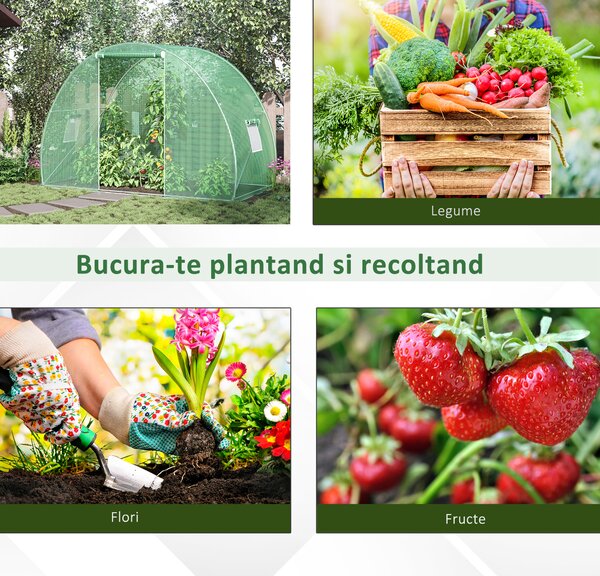 Outsunny Seră Tunel pentru Cultivarea Legumelor și Fructelor, cu Ușă și Ferestre, Copertină PE, Structură Oțel, 150x300x200 cm, Verde | Aosom Romania