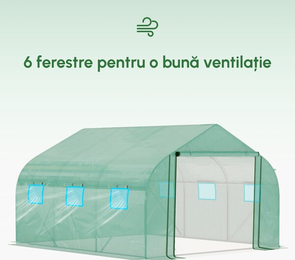 Sera tunel din PE si otel Outsunny, cu usa tip rulou si 6 ferestre, 347x300x200cm | Aosom Romania