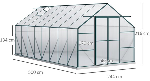 Outsunny Seră din Aluminiu, Seră de Grădină din Policarbonat pentru Plante, Legume, Fructe, 244x500x216 cm, Transparentă | Aosom Romania