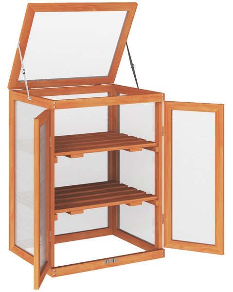 Outsunny Mini Sera de Gradina cu 3 Etajere din Lemn de Brad si Policarbonat, Deschidere Laterala si Frontala, 58x44x78cm, Portocaliu | Aosom Romania